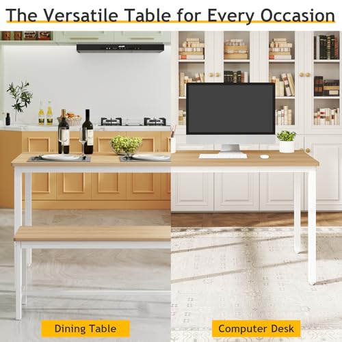 Rovibek 43" Dining Table Benches Set for 4, Modern Space Saving Kitchen Table Chairs & Adjustable Feet Breakfast Table 2 Benches, Wooden Industrial Style Farmhouse, White Rovibek