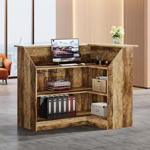 Tribesigns Reception Desk with Storage Shelves, L-Shaped Modern Front Desk, Reception Counter Table for Small Office, Salon, Checkout Office (Brown) Tribesigns