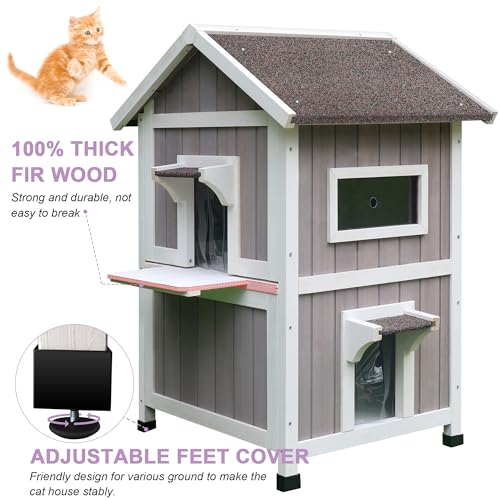 HiCaptain Outdoor Cat House for Feral Cats, Weatherproof Outside Cat Shelter Wooden 2 Story Large Kitty House with Escape Door HiCaptain
