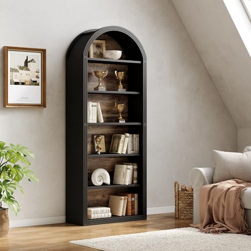 LITTLE TREE 6-Tier Bookcase, 77" Tall Bookshelf with Arched Top, Large Freestanding Wooden Open Bookcase Bookshelf, Modern Display Book Shelf for Living Room, Bedroom, Office, Library, Black Brown LITTLE TREE