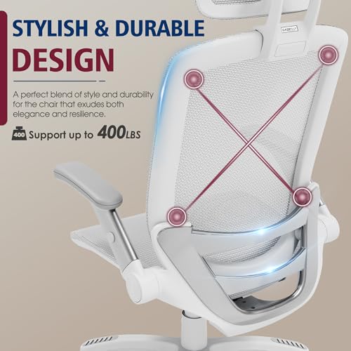 GABRYLLY Ergonomic Office Chair, High Back Home Desk Chair with Headrest, Flip-Up Arms, 90-120° Tilt Lock and Wide Cushion, 400LBS Mesh Chairs for Man Woman, White Task Chair(Grey,GY01WG) GABRYLLY