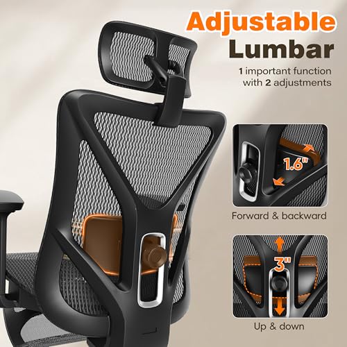 GABRYLLY Ergonomic Office Chair with Footrest, 135° Reclining Desk Chair with Adjustable Lumbar Support,3D Armrest,Headrest & Large Steel Base, 300LBS Heavy Duty Mesh Chair GABRYLLY