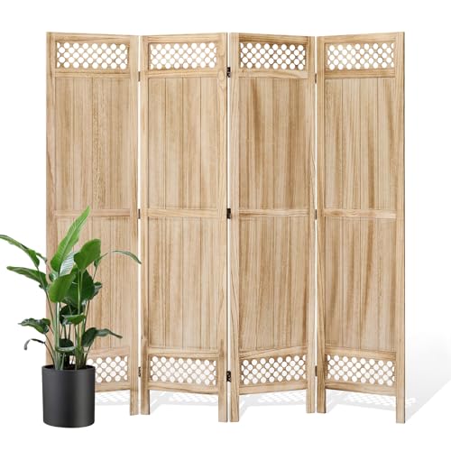 Privacy Screen Room Divider Panel - 67 Inch Tall Natural Wood Folding Partition Room Dividers, No-Assembly Required, Enhance Privacy and Aesthetic Appeal, Ideal for Home or Office Natural 4 Paned Svimi
