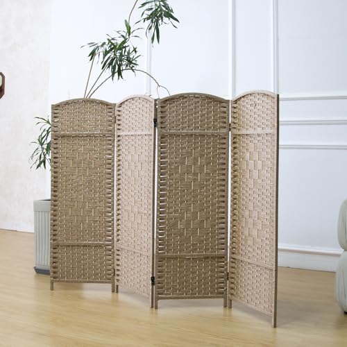 Furnnylane 4 Panel Rattan Divider Short Room Partition Screen,Double Sided Folding Divider for Room Separation,Light Brown,47.2" H x 63" W Furnnylane