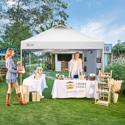 CROWN SHADES Canopy Tent 10x10 Pop Up Canopy Outdoor Shade with Pockets Sidewall, Easy Up Sun Shelter with One Person Set Up Center Lock, Portable Instant Camping Beach Canopy Tents, Grid White CROWN SHADES