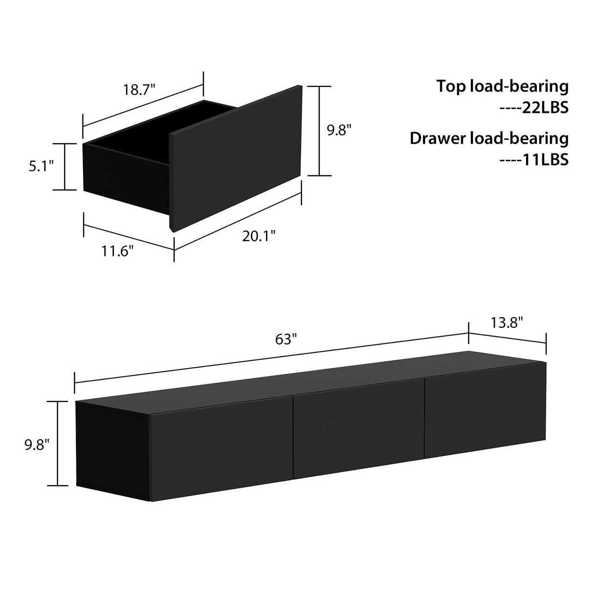 AIEGLE Floating TV Stand Wall Mounted, High Gloss Entertainment Center with 3 Drawers & 16-Color LED Lights, Modern TV Cabinet Console Shelf, Black 63" W AIEGLE