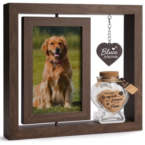 BluBrk Dog Memorial Gifts for Loss of Dog – Rotating Wooden 4x6 Picture Frame with Fur Keepsake Jar & Writable Name Card, Pet Remembrance Sympathy Gift for Dog & Cat Lovers (Brown)