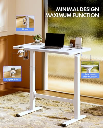 FLEXISPOT H7 Plus Gas Spring Adjustable Standing Desk, Mobile Rolling Sit-Stand Workstation with Whee, Cordless Stand Up Desk for Small Room & Home Office, 40" One-Piece Desktop White,height 27.6"–45" FLEXISPOT