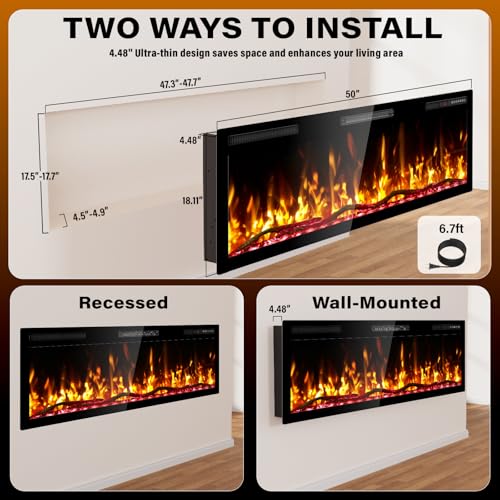 Kucreiheat 50" WiFi Electric Fireplace with Crackling Sound, Smart Linear Recessed & Wall Mount Heater, 750/1500W, App & Remote Control, Log Flame Kucreiheat