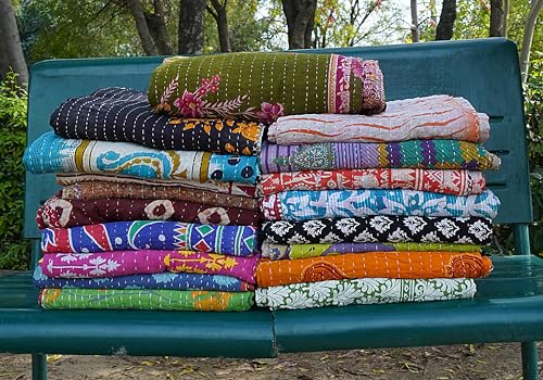 Boho Sanskriti Indian Quilt Vintage Bedspreads,Throws,Ralli, Lot Kantha Reversible Bedcover Bedspread Throw Cotton Blanket Gudari -Single Pieces, Twin Boho Sanskriti