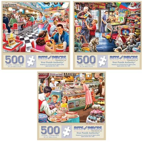 Bits and Pieces Set of 3 Jigsaw Puzzles 500 Pieces, Nostalgic Shopping Set Bits and Pieces