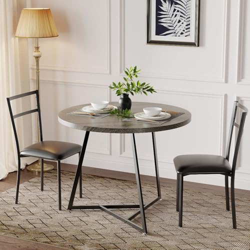 Garvee Dining Table Set for 2, Wooden Kitchen Table and Chairs of 2 with Upholstered Chairs, Round Kitchen Tables Set, 3 Piece Dining Room Table Sets for Small Space, Apartment, Rustic Gray Garvee