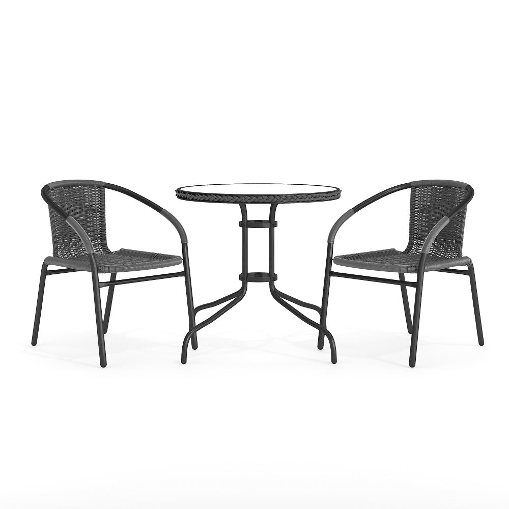 Flash Furniture 3-Piece Patio Dining Set with Round Glass Metal Table and 2 Stackable Rattan Chairs, Indoor/Outdoor Bistro Table and Chairs Set, Gray Flash Furniture