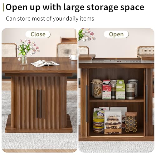 Extendable Dining Room Table for 4-6, 47-65 Inch Rectangle Kitchen Dining Table with Large Storage, Fluted Sliding Door, Expandable Mid Century Modern Dinner Furniture, Living Room, Walnut, Brown Woemtoric