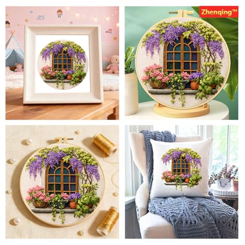 Zhenqing Wisteria by The Window Embroidery Kit for Beginners, Pre-Printed 29x29cm Cotton Fabric with 20cm Hoop, Cozy Vintage Window Design (JC0028
