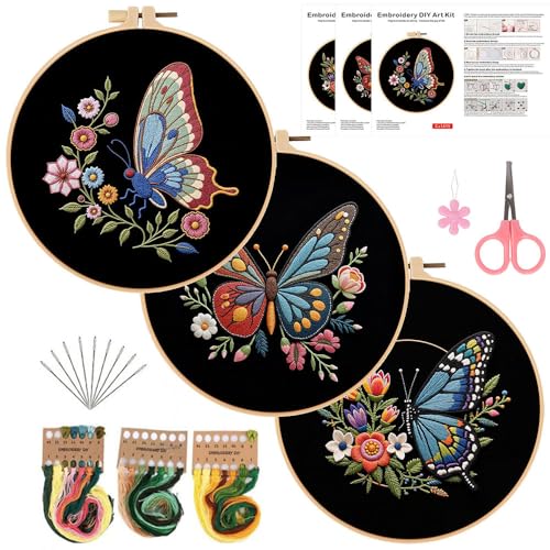 Konrisa Flower Butterfly Embroidery Kits for Adults, Stamped Embroidery Starter Kit with Hoop,DIY Sewing Needlepoint Cross Stitch Kit, Set of 3