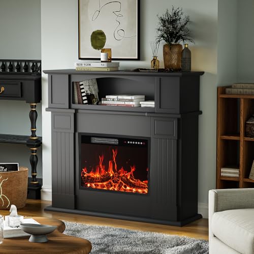 BOSSIN 43" Electric Fireplace with Mantel, 23 inch Electric Fireplace Insert, Freestanding TV Stand with Fireplace Heater,Wooden Surround Firebox Faux Log & Led Flames, Remote Control,750W/1500W Black BOSSIN