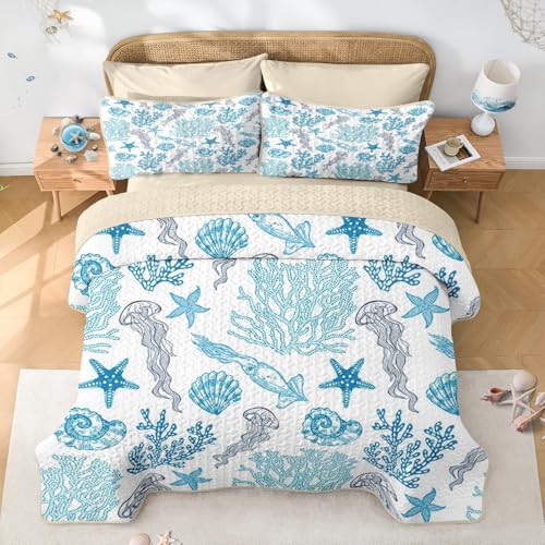 Pamnest Quilt Set Twin Size, Ocean Beach Nature 2 Pcs Soft Bed Cover Bedding Set, Sea Animal Coastal Lightweight Bedspread Coverlet with Pillow Sham for All Season Pamnest