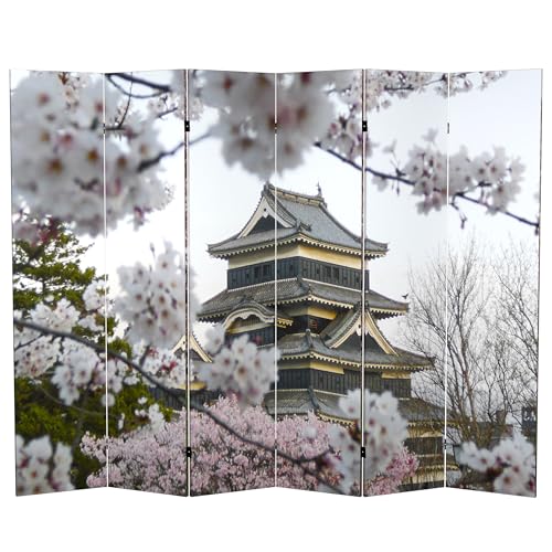 Red Lantern 6 ft. Tall Double Sided Cherry Blossoms Canvas Room Divider 6 Panel Freestanding Folding Privacy Screen, Partition, and Separator for Modern and Contemporary Bedroom, Home Office, Studio Red Lantern
