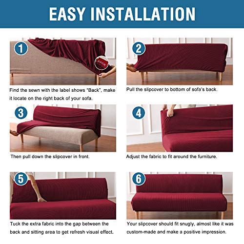 H.VERSAILTEX Armless Futon Cover Stretch Sofa Bed Slipcover Protector Elastic Feature Rich Textured High Spandex Small Checks Jacquard Fabric Futon Cover, Machine Washable, Burgundy Red H.VERSAILTEX