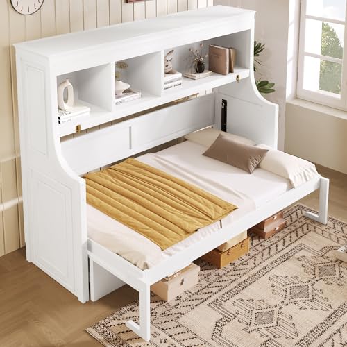Twin Size Murphy Bed with Hidden Foldable Bed & Desk & Storage Shelves,Wood Folding Hideaway Wall Bed Cabinet with Space-Saving for Small Space Apartments Guest Room,No Box Spring Needed,White FUvellamo