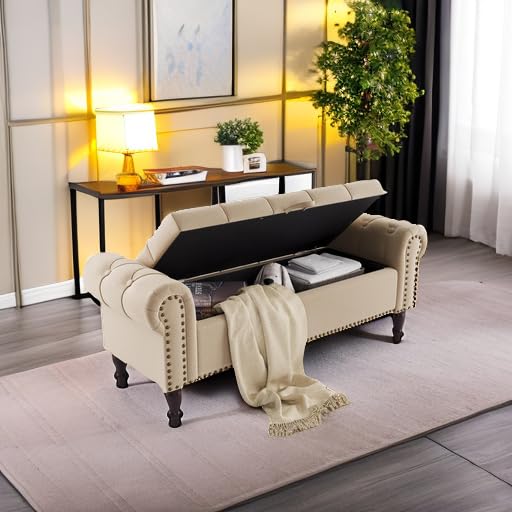 Cozyman Storage Bench, 50” Queen Linen Tufted Button End of Bed Bench with Rolled Arm and Nailhead Trim, Upholstered Bedroom Bench, Ottoman Bench for End of Bed, Living Room, Entryway, Wheat Color Cozyman
