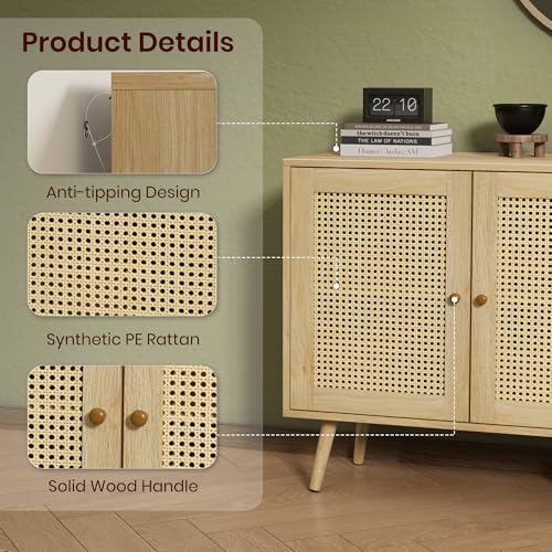 IDEALHOUSE 47.2" Rattan Sideboard Buffet Cabinet with 3 Doors, Boho Storage Cabinet with Adjustable Shelves, Console Table for Living Room, Dining Room, Entryway, Coffee Bar IDEALHOUSE