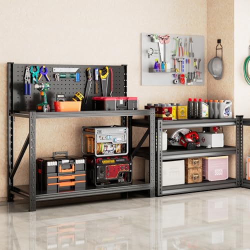 Widened Heavy Duty Workbench with Pegboard, 3000LBS Capacity Work Table with Reinforce Stable Side Beams, Metal Workstation for Garage Warehouse Workshop Office, 47.2" H x 47.2" W x 18.9" D, Black Jaqiumn