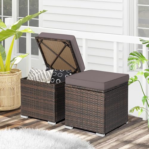 RELAX4LIFE Wicker Outdoor Storage Ottoman, 2-Piece Rattan Footstool w/Removable Cushion, Multipurpose Footrest Stool Side Table Additional Seating, Set of 2 Outdoor Ottomans for Patio Deck (Grey) RELAX4LIFE