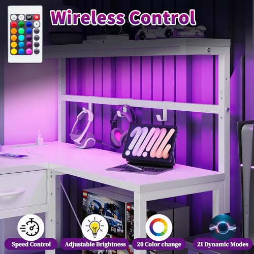 Grandder 50 Inch L Shaped Gaming Desk with 3 Drawers & Storage Shelves & Hutch, Computer Desk with USB Ports, Study Writing Table for Bedroom, Simple Modern Laptop Desk for Home Office, White Grandder