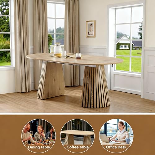 39"-71"Extendable Dining Table Set for 6, Oval Wood Dining Room Table Set with Fluted Pedestal Base & Soft Suede Chairs, Mid-Century Modern Extendable Kitchen Table Set for 6 for Home, Space-Saving Rejeke