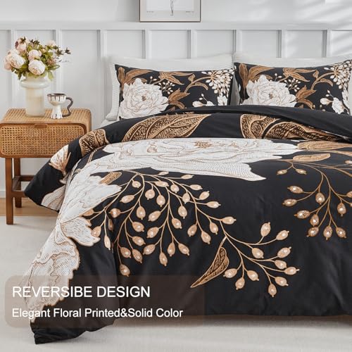 mixinni Black Floral Duvet Cover Twin XL Size, 3 Pieces Garden Style Botanical Flowers Leaves Bedding Set, Soft Cotton Reversible Farmhouse Boho Duvet Cover and 2 Pillowcases for All Season mixinni
