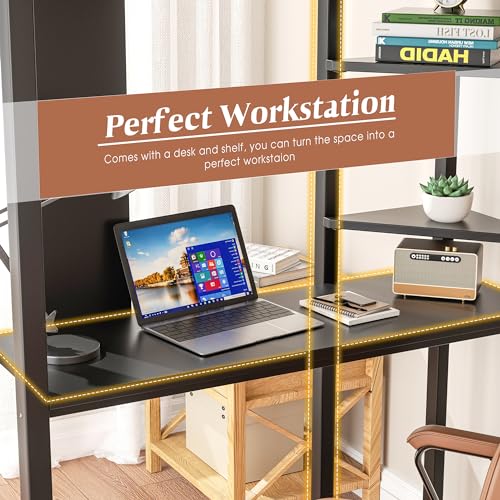 Shintenchi Loft Bed Twin Size with Desk and Storage Shelves, Frame with 2 Side Ladders for Kids, Teens Adults, Spcace-Saving Noise-Free and Anti-tilt Design, Black Shintenchi