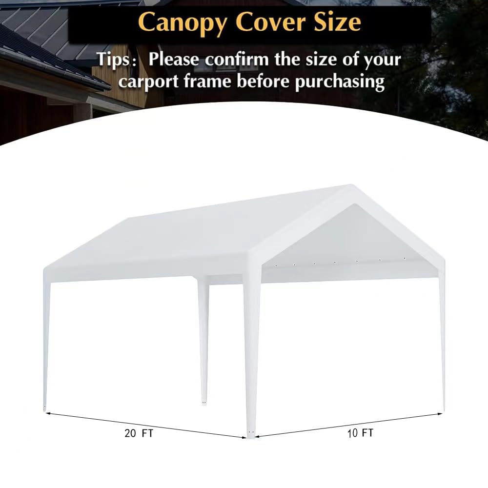 Carport Replacement Canopy, Replacement Top Cover for 10' x 20' Carport Frame, 180G PE Fabric Waterproof & UV Protected Tarp with Ball Bungees, White (Only Top Cover, Frame is not Included) Vanteriam