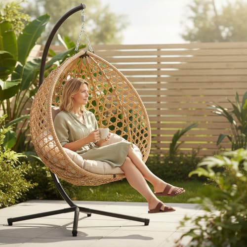 RUN.SE Hanging Egg Chair with Stand, Outdoor Indoor Egg Swing Chair with Cushion Headrest for Patio, Porch, Balcony, Bedroom, 350LBS Capacity (Dark Brown) RUN.SE