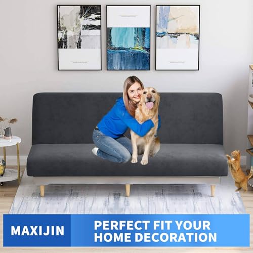MAXIJIN Velvet Futon Cover Full Size Stretch Futon Mattress Cover Thick Soft Armless Sofa Bed Slipcover Plush Couch Furniture Protector with Elastic Bottom, Machine Washable (Gray) MAXIJIN