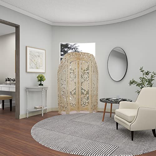 Deco 79 Wood Floral Handmade Foldable Arched Partition 4 Panel Privacy Screen with Intricately Carved Designs, Room Divider 60" x 2" x 72", White Deco 79