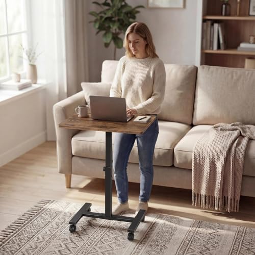 Small Portable Standing Rolling Desk - 24 Inch Mobile Stand Up Desk Adjustable Height on Wheels for Small Spaces, Couch Kids Laptop Desks End Side Table, Teacher Podium for Classroom, Rustic Brown WINAZ