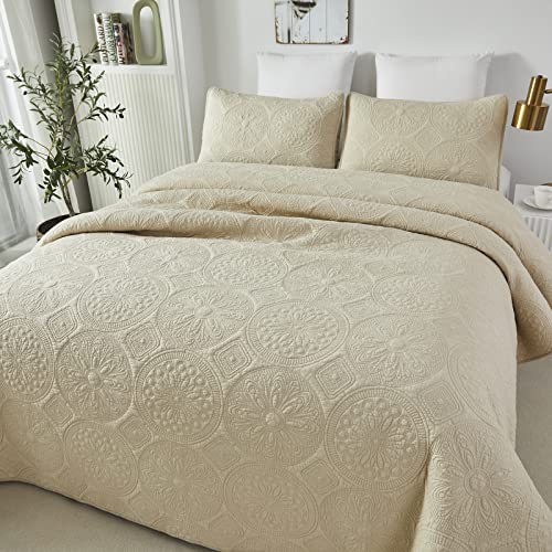 Brandream Luxury Quilt Bedding Set Queen Size Quilt Set Cotton Beige 3 Piece Medallion Matelasse Coverlet Set Brandream