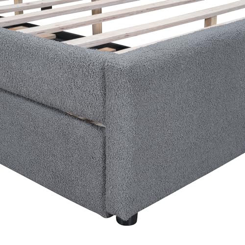 Acosure Queen Size Teddy Fleece Upholstered Platform Bed with Trundle,LED Bed Frame W/Stripe Headboard,for Bedroom,Apartment,Guest Room,for Bedroom,Apartment,Guest Room,Gray Acosure