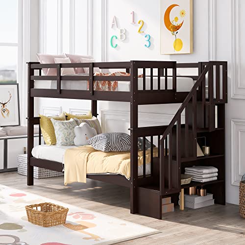 Ball & Cast Twin-Over-Twin Bunk Bed with Storage Ladder and Full-Length Guard Rail,Wood Bunkbed w/Slat Support,Space Saving,Bedframe Furniture for Student Dorms,Studio,Espresso Ball & Cast