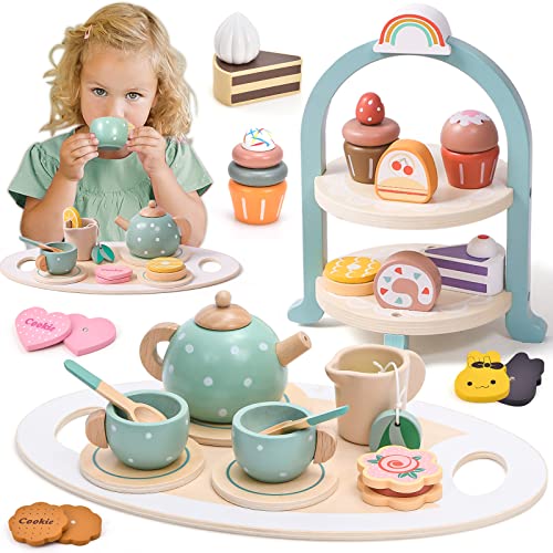 Atoylink Wooden Tea Party Set for Little Girls 28 Pcs Toddler Tea Set with Cupcake Stand Food Pretend Play Accessories Kids Kitchen Playset Wooden Toys for 2 3 4 5 6