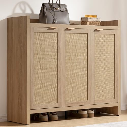 SICOTAS Shoe Storage Cabinet, 30 Pairs Rattan Shoe Cabinet Storage for Entryway, 6-Tier 41" Tall Large Shoe Cabinet, Boho Farmhouse Cabinet with Doors for Entryway Hallway Living Room, Light Oak SICOTAS