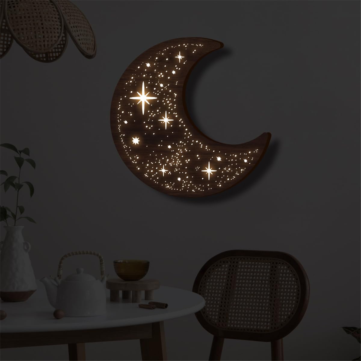 Wooden Moon Wall Art Decor, Boho Wooden Moon Phase Stars LED Lamp Wall Hanging Decor Sign, Wood Carving LED Night Light Wall Sculptures, 3D Home Wall Art Decoration for Kids Bedroom Living Room (A) Jocaluyia