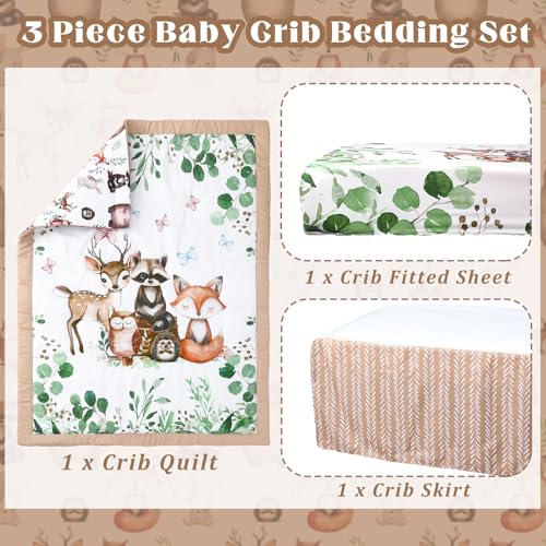 Hahafelt 3 Pcs Baby Crib Bedding Set Safari Animals Dinosaurs Bear Woodland Animals Jungle Crib Set Includes Quilt, Fitted Sheet, Skirt for Baby Boy Girl(Green,Woodland Raccoons Deer Etc.) Hahafelt