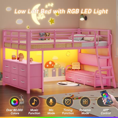 Dnxao Low Twin Loft Bed with Desk,9 Storage Drawers,Kids Loft Bed with 15.8" H Safety Guardrail,Twin Bed Frames for Kids with LED Lights and Charging Station,Under-Bed Play Space,Pink Dnxao