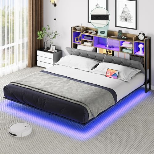 YITAHOME Full Floating Bed Frame & Charging Station, Upholstered Platform Bed with Headboard Storage, No Box Spring Needed,Gray YITAHOME