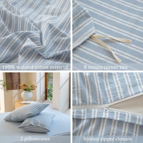 BESTDESIL Luxury 100% Washed Cotton Linen Like Duvet Cover Set,3 Pcs Striped Duvet Cover with Zipper Closure(Strip-Cornflower Blue/White,Queen) BESTDESIL