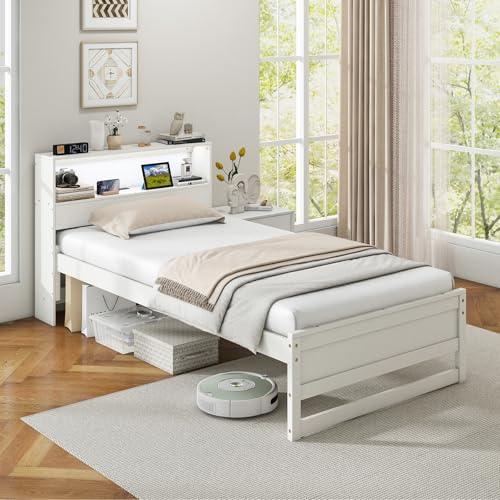 Giantex Twin Bed Frames with Storage Headboard, Wood Platform Bed with Charging Station & LED Light, Single Bed with Slats Support, Under-Bed Space, Twin Bed Frames for Kids Girls Boys (White) Giantex