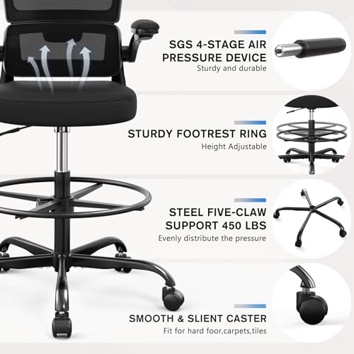 Ergonomic Drafting Chair with Footrest,Tall Office Chair for Standing Desk with Flip-up Armrests with Breathable Comfy Mesh Support and Adjustable Foot Rest Ring(Black) Alolo